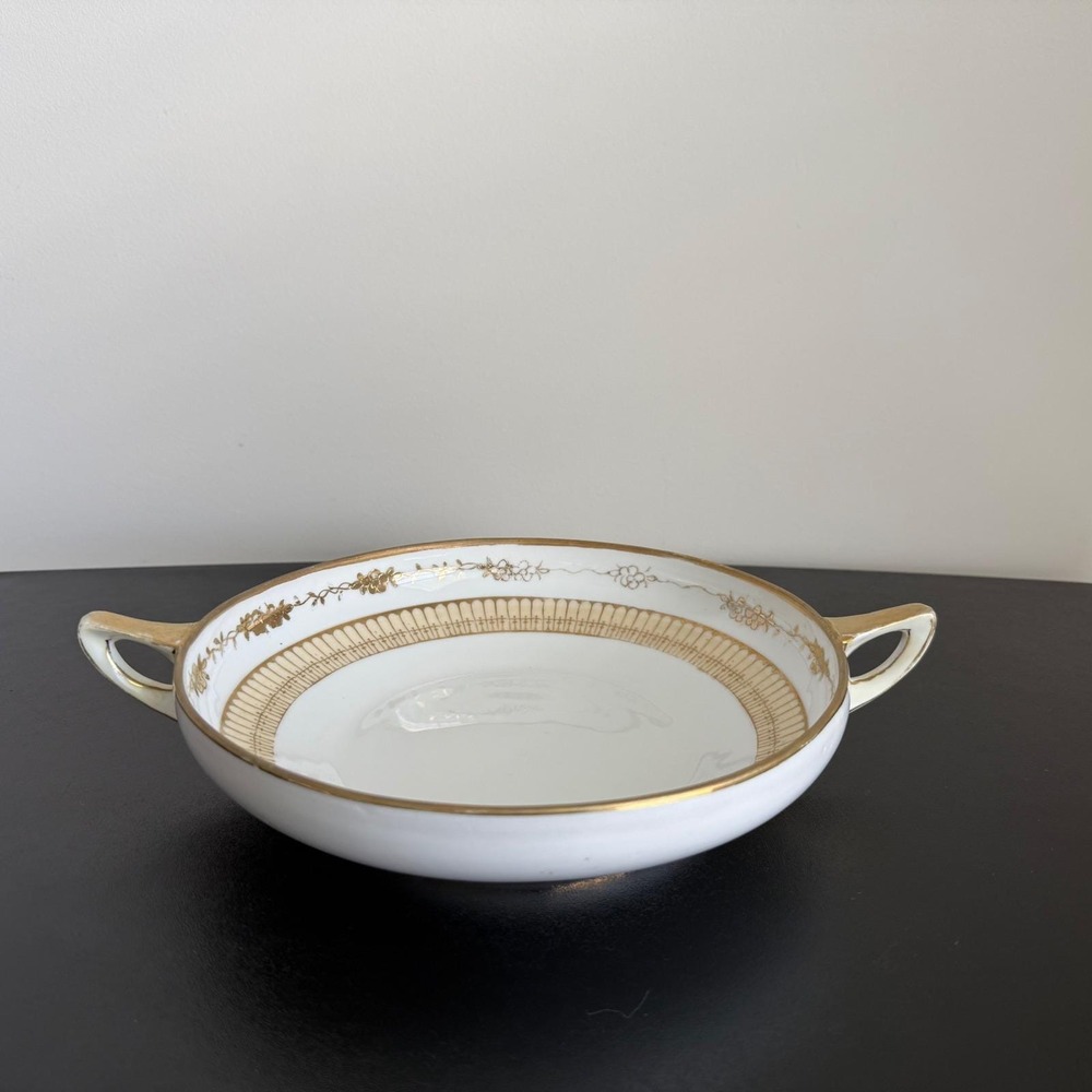 Antique Nippon Porcelain Double Handled Serving Bowl Hand Painted Gold